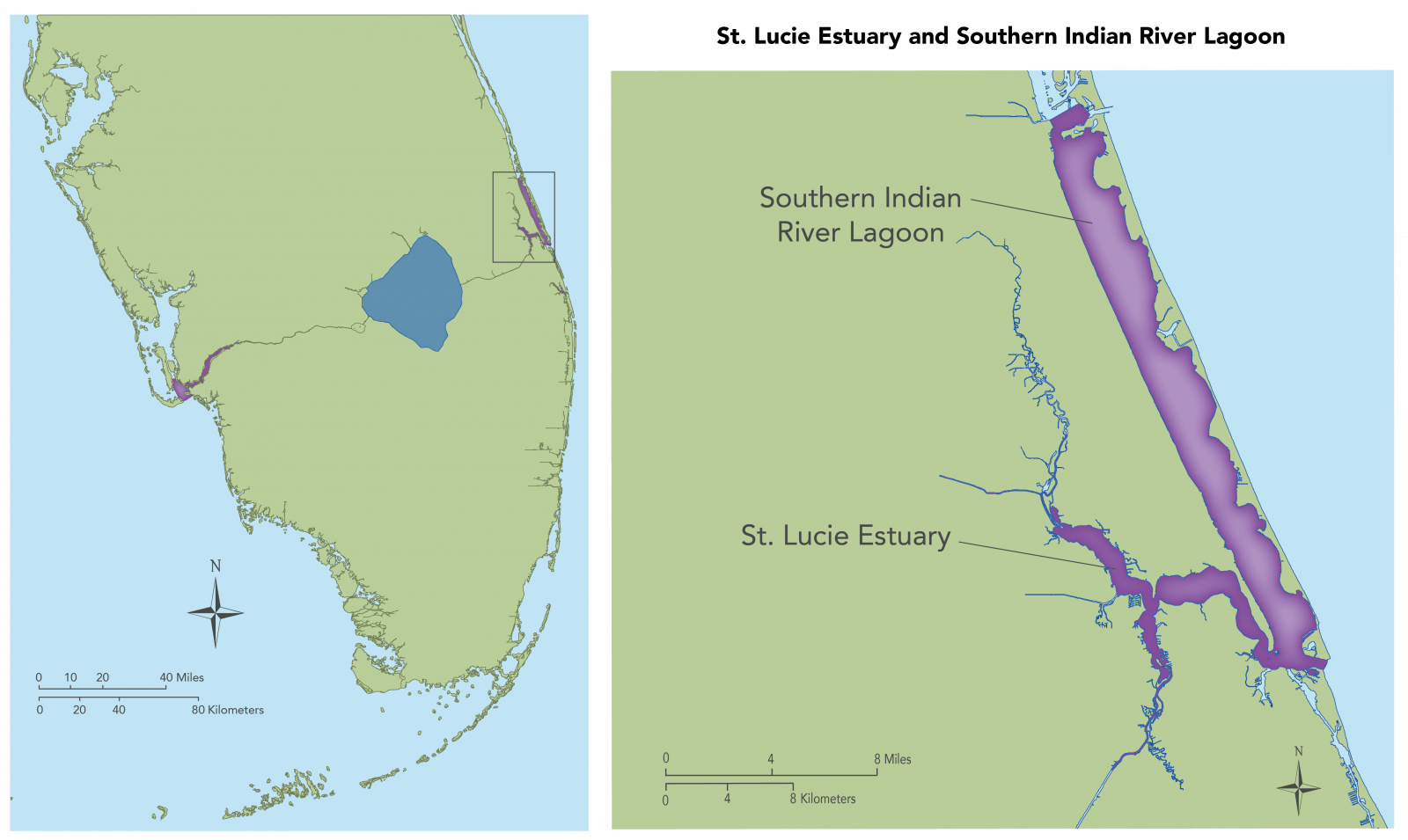 St Lucie Estuary and Southern Indian River Lagoon map showing an overview and a close up of the specific region St Lucie Estuary and Southern Indian River Lagoon map showing an overview and a close up of the specific region